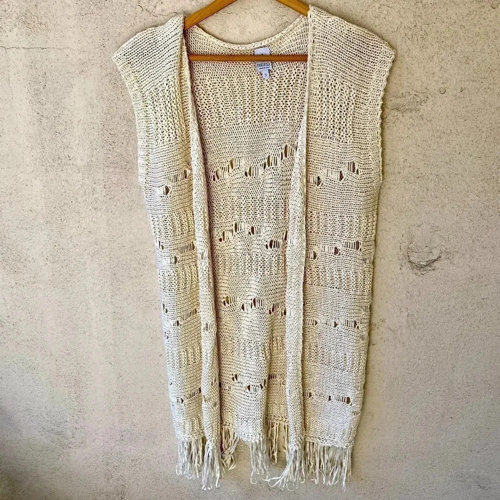 Pholya Italian Open Front Fringe Knit Cardigan Vest Small
